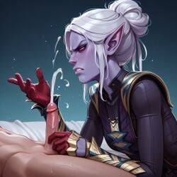 1boy 1girl 1girl1boy ai_generated angry angry_face annoyed annoyed_expression baldur's_gate baldur's_gate_3 blue_body blue_skin clothed_female_nude_male cum cum_string cumshot dominant dominant_female domination drow dungeons_and_dragons elf_ears erection falewii fantasy female female/male female_focus gloved_hands gloves hair_bun hands-free hands-free_ejaculation hands_free_cum hands_free_cumshot hands_free_orgasm minthara on_bed red_eyes ruined_orgasm self_upload small_penis small_penis_humiliation white_hair white_male