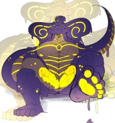 absurd_res anthro bodily_fluids breasts dominant dominant_male double_dick erection genital_fluids genitals goo_creature hi_res hypnosis hypnotic_eyes latex male male/male mind_control nipples ouroboros_dinamadeus paws penile penis reptile scalie simple_background slime slit_penis snake solo sorakskullsnake