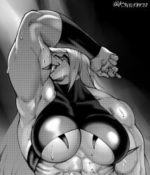 1girls armpits biceps fuma_kotaro_(tenkaichi) greyscale hi_res licking long_hair monochrome muscular muscular_female one_arm_up solo tenkaichi_nihon_saikyou_bugeisha_ketteisen underboob wet