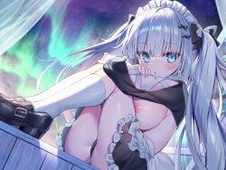 1girl black_panties black_shoes blue_eyes bow breasts curtains female female_only frills hair_bow highres kneehighs long_hair long_sleeves looking_at_viewer maid maid_headdress natsuki_marina nipples panties shoes sitting skirt socks solo twintails underwear white_socks