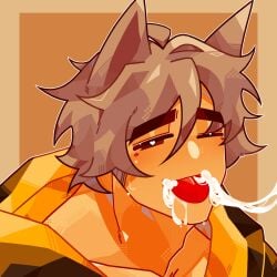 1boy bara bloodiemir cum cum_eating cum_in_mouth cum_on_face digital_drawing_(artwork) digital_media_(artwork) male male_focus male_only muscular muscular_male original_character solo solo_focus solo_male