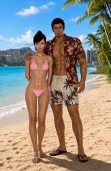 1girl1boy abs asian asian_female asian_male beach bikini father_and_daughter hand_on_shoulder kiryu_kazuma ryuu_ga_gotoku sawamura_haruka shirt_open swimming_trunks swimwear wholesome