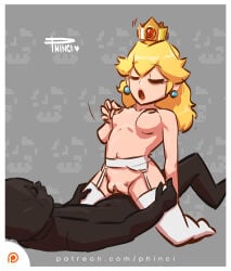 1boy 1girl artist_name blonde_hair breasts closed_eyes cowgirl_position crown earrings garter_belt girl_on_top hetero jewelry long_hair medium_breasts navel nipple_stimulation nipple_tweak nipples nude open_mouth patreon_logo patreon_username penis phinci princess_peach pussy sex straddling super_mario_bros. thighhighs uncensored vaginal watermark web_address white_garter_belt white_legwear