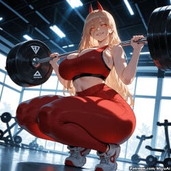 1girl ai_assisted ai_generated bare_shoulders blonde_hair breasts chainsaw_man curvaceous curvy curvy_female curvy_figure female grin gym hair_between_eyes horns indoors large_breasts long_hair looking_at_viewer midriff miyuai power_(chainsaw_man) red_eyes shoes smile sneakers solo sports_bra sweat teeth thick thick_ass thick_butt thick_hips thick_legs thick_thighs voluptuous voluptuous_female wide_hips wide_thighs window