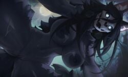 anthro big_breasts black_body black_fur black_hair blue_eyes bodily_fluids bone breasts fangs female full_moon fur genital_fluids genitals hair hi_res looking_at_viewer looking_down looking_down_at_viewer low-angle_view malo moon nude nude_anthro nude_female scp-1471 scp-1471-a scp_foundation skull skull_head solo teeth thick_thighs vaginal_fluids vulva worm's-eye_view wwufufu