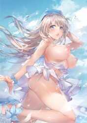 1girl absurdres areolae arm_up arms_behind_head bare_shoulders blue_eyes blue_sky blush bow breasts cloud cloudy_sky day fingernails grey_hair hat high_heels highres large_breasts leg_up long_hair looking_at_viewer melonbooks motoyon nipples open_mouth original outdoors scrunchie shiny_skin skirt sky solo thighs water water_drop wrist_scrunchie