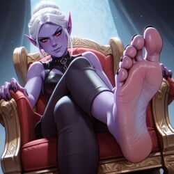 1girl ai_generated baldur's_gate baldur's_gate_3 black_nail_polish black_nails black_toenail_polish black_toenails blue_body blue_skin dominant drow dungeons_and_dragons falewii fantasy feet female female_focus hair_bun indoors minthara on_chair pov_feet red_eyes self_upload sitting soles toenail_polish toenails toenails_polish toes white_hair