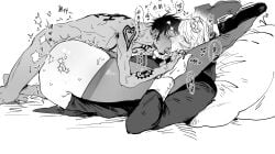 2boys arm_tattoo back_tattoo big_ass blush chest_tattoo clothed_male_nude_male crossdressing donquixote_rosinante feet_behind_head french_kiss gay implied_anal kissing legs_up male male_nun male_only missionary_position monochrome no_visible_genitalia nude_male nun nun_outfit on_back on_bed one_piece size_difference small_dom_big_sub sweat tattoo tattoos thick_thighs thighhighs trafalgar_law yaoi