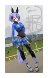 1girl absurdres anal_tail animal_ears bit_gag black_corset black_thighhighs blinkers_(horse_tack) blue_bodysuit bodysuit borrowed_character bridle collar corset covered_nipples dildo fake_animal_ears fake_tail frilled_skirt frills gag gag_harness gagged harness heel-less_heels highres holding holding_riding_crop hoof_shoes latex latex_bodysuit lock looking_at_viewer neck_corset object_insertion original outdoors padlock pony_play purple_eyes purple_hair riding_crop sex_toy shiny_clothes skin_tight skindentation skirt solo standing tail thigh_cuffs thighhighs vaginal vaginal_object_insertion whip yamakajix