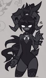 animal_ears black_hair black_leotard black_skin colored_skin cowboy_shot demon demon_girl demon_horns detached_collar fake_animal_ears female highres horns leotard long_hair looking_at_viewer notyoursagittarius playboy_bunny ponytail rabbit_ears signature solo standing tail the_binding_of_isaac the_siren_(the_binding_of_isaac) wrist_cuffs
