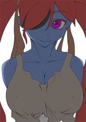 1girls bangs blue_skin bone breasts bust cleavage colored crop_top erect_nipples eye_patch female hair_over_one_eyes hair_ribbon large_breasts long_hair nipples original parted_bangs purple_eyes red_hair ribbon simple_background smile solo tank_top tied_hair twintails very_long_hair yamada_(sharekoube) zombie zoni-ko