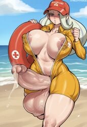 ai_generated alternate_costume areola_slip big_balls big_breasts big_penis futanari gvukub huge_balls huge_breasts huge_cock lifeguard melony_(pokemon) nintendo nipple_slip pokemon precum