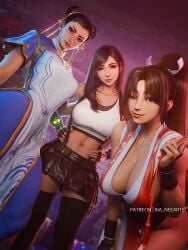 3d 3girls big_breasts black_hair breasts brown_hair chun-li cleavage crossover fatal_fury female female_only final_fantasy final_fantasy_vii folding_fan king_of_fighters large_breasts long_hair mai_shiranui multiple_girls ponytail red_eyes ria-neearts street_fighter street_fighter_6 tifa_lockhart