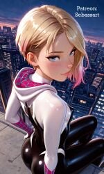 ai_generated ass back_view blonde_hair blue_eyes blush bodysuit female female_only fit fit_female gwen_stacy mature_female paid_reward_available patreon petite posing sebassart sitting slim_waist solo spandex spider-gwen superhero superheroine tight tight_clothing tight_fit