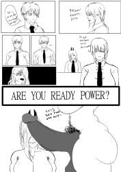 cant_see_the_haters chainsaw_man cheating cock_worship denji_(chainsaw_man) dialogue futanari hairy hairy_armpits luxy_xb makima_(chainsaw_man) massive_breasts massive_penis netorare penis_on_face penis_resting_on_face power_(chainsaw_man) pubic_hair