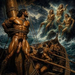 ai_generated beard big_cock big_dick big_penis dark_hair detailed dilf facial facial_hair ftm gay genderswap_(ftm) large_penis male_only nude nude_male nudity oar odysseus odysseus_(mythology) odyssey odyssey_(homer) pubic_hair sea ship shipwreck sweaty the_epic_cycle the_sirens_(odyssey) tied tied_arms tied_up water