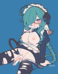 1girls accurate_art_style after_sex braids breasts breasts_out cum cum_inside demon demon_girl demon_horns demon_tail envi_(funamusea) envy_(funamusea) female female_masturbation female_only funamusea glasses horns lactating lactation large_breasts licowish limited_palette maid maid_headdress maid_outfit masturbation nipples rule_63 solo solo_female tail thighhighs vagina