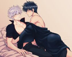 2boys ass bankenyokocho black_hair blush gay gintama gintoki_sakata hijikata_toshiro imminent_sex kimono looking_at_another male male_only off_shoulder on_back on_bed open_pants open_shirt popped_collar silver_hair sweatdrop white_hair yaoi