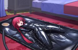 absurdres arms_behind_back blush bondage bound bound_arms bound_legs breasts commission female folded highres latex long_hair maoge medium_breasts neptunia_(series) object_insertion open_mouth red_eyes red_hair restrained solo uzume_tennouboshi vacuum_bed vaginal_object_insertion vaginal_penetration vibrating