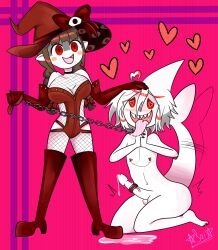 1boy 1girls alternate_costume bdsm_gear blush_stickers bondage braid braids breasts chain_leash chains cleavage cum funamusea headpat heart large_breasts leash lewdsuta red_eyes sadism sal_(wadanohara) sea_witch straight wadanohara wadanohara_and_the_great_blue_sea witch witch_hat