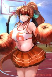 1girls basketball big_breasts blush brown_hair butterflan01 cheerleader clothed clothed_female cosplay doki_doki_literature_club female female_only friday_night_funkin green_eyes hex_(cosplay) large_breasts long_hair looking_at_viewer monika_(doki_doki_literature_club) multicolored_bow multicolored_ribbon pom_poms smile solo solo_female