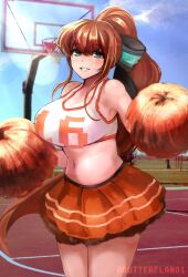 1girls basketball big_breasts blush brown_hair butterflan01 cheerleader clothed clothed_female cosplay doki_doki_literature_club doki_doki_takeover female female_only friday_night_funkin green_eyes hex_(cosplay) large_breasts long_hair looking_at_viewer monika_(doki_doki_literature_club) multicolored_bow multicolored_ribbon pom_poms smile solo solo_female