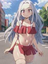 aged_up ai_generated bangs bare_shoulders bikini bikini_skirt blue_sky blush breasts building cleavage closed_mouth cloud collarbone day eri_(my_hero_academia) female forehead highleg long_hair looking_at_viewer my_hero_academia nai_diffusion navel osyasenpai outdoors parted_bangs red_bikini red_eyes red_skirt skindentation skirt sky small_breasts smile solo stable_diffusion swimsuit thighhighs thighs very_long_hair white_hair white_thighhighs