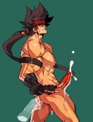 balls bara big_penis boner cum disembodied_hand erection fingering fingering_ass guilty_gear headband male male_only muscles muscular na_insoo nude orgasm penis rennik sol_badguy solo solo_male