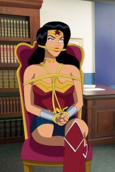 1girls black_hair blue_eyes bondage bound_arms bound_wrists dc dc_comics diana_prince female female_only fully_clothed gag gagged lasso_of_truth rope_bondage rope_gag selfie solo wonder_woman wonder_woman_(series)