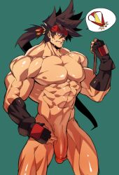 balls bara big_penis bursting_clothes bursting_penis flaccid guilty_gear headband male male_only muscles muscular na_insoo nude penis rennik ripped_clothing sol_badguy solo solo_male