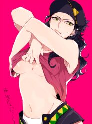 1girls artist_request black_hair breasts earrings female female_jotaro female_only hat jojo's_bizarre_adventure jotaro_kujo looking_at_viewer midriff panties removing_clothing removing_shirt rule_63 solo stardust_crusaders unbuttoned unbuttoned_pants underboob visible_underwear