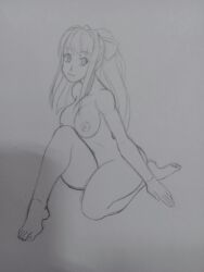 1girls areolae barefoot bow breasts completely_nude completely_nude_female doki_doki_literature_club female female_only full_body just_monika long_hair looking_to_the_side monika_(doki_doki_literature_club) naked naked_female nipples nude nude_female on_one_knee ribbon sketch smile solo solo_female wolfdog_shiranui