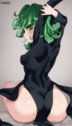 1girls armpits ass ass_focus back back_view big_ass black_dress blush breasts bumbledoge clothing dat_ass dress female female_only green_eyes green_hair hair huge_ass looking_back one-punch_man pelvic_curtain short_hair small_breasts solo solo_female tatsumaki wet