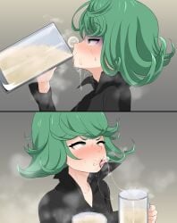 1girls ahe_gao cum cum_bubble cum_drinking cum_in_container cum_in_glass daroon5 disgusted drinking drinking_cum excessive_cum female gokkun green_hair mug one-punch_man solo stray_pubic_hair tatsumaki tongue tongue_out