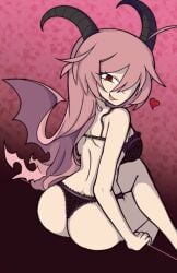 1girls ass bad_source big_ass big_breasts big_butt bra breasts demon_girl demon_horns funamusea hair_over_one_eye hakayu heart horns large_ass large_butt lil_(funamusea) looking_at_viewer looking_back open_mouth panties pink_hair red_eyes sitting smile succubus