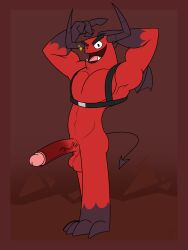 1boy balls demon demon_(rat_snacks) foreskin genitals half-erect harness hi_res horn humanoid looking_at_viewer male male_only one_eye_closed penis pinup pose rat_snacks red_body red_skin retracted_foreskin solo tail wings wink winking_at_viewer