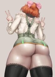 1girls ass big_ass clothing dat_ass dress female female_only hair_ribbon no_panties orange_hair penny_polendina prinzkuon rear_view rwby solo thick_thighs thighhighs v_sign wide_hips