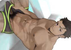 1boy abs armpit_hair beard boner boxers brown_eyes brown_hair brown_skin bulge dripping_precum erection erection_pushing_underwear eyebrow_scar facial_hair fit_male goburin_second harumi_(goburin_second) looking_at_viewer male_only male_pubic_hair muscular_male navel nipple_piercing pecs penis_peek pierced_nipples piercing precum pubes pubic_hair see-through_underwear smiling_at_viewer solo solo_male sweat tagme toned_male underwear_only v-line v-taper