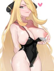 1girls big_breasts black_bikini black_eyes blonde_hair breast_focus breasts cleavage cynthia_(pokemon) female female_only flashing flashing_breasts game_freak gatchan hair hair_ornament hair_over_one_eye huge_breasts large_breasts long_hair looking_at_viewer mature mature_female mature_woman naughty_face nipples pokemon pokemon_dppt solo solo_female swimsuit thighs