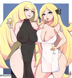 2girls alternate_version_available areolae big_breasts black_dress black_eyes blonde_hair breasts cynthia_(pokemon) dress eyeshadow female female_only game_freak glass green_eyes hair hastriul hips huge_breasts lips long_hair lusamine_(pokemon) mature mature_female mature_woman milf mother multiple_girls nipples pelvic_curtain pokemon pokemon_dppt pokemon_sm skimpy skimpy_dress smile thick_lips transparent_clothing transparent_dress white_dress wide_hips wine_glass