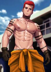 1boy abs blue_eyes enen_no_shouboutai fire_force gloves looking_at_viewer looking_down looking_down_at_viewer low-angle_view male male_only maorenc muscular orange_jumpsuit red_hair serious solo solo_male tattoos topless vulcan_joseph