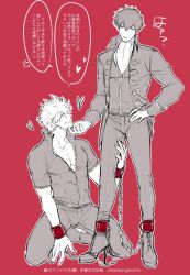 2boys ankle_cuffs bankenyokocho chained chains cleavage full_body fully_clothed gay gintama gintoki_sakata hand_on_hip hand_on_thigh high_heels hijikata_toshiro japanese_text kneeling looking_at_another male male_only pecs police_officer police_uniform popped_collar red_background restricted_palette shinsengumi_(gintama) smile speech_bubble standing wrist_cuffs wrists_to_ankles yaoi