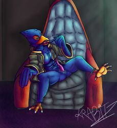 abs absurd_res anthro avian blue_body blue_feathers erection falco_lombardi feathers feet genitals hi_res krabitz looking_at_viewer male mostly_nude nintendo pecs penis sitting slit solo star_fox tapering_penis tongue tongue_out