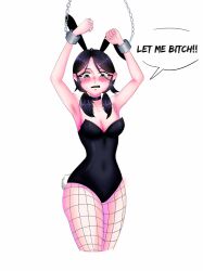 black_hair bondage brawl_stars bunny_ears bunny_girl bunny_tail bunnysuit chains choker cleavage costume cotton_tail dark_hair fishnet_legwear fishnet_stockings fishnets grey_eyes headband imeunu jacky_(brawl_stars) looking_at_viewer shackled shackles solo solo_female tears tears_in_eyes tears_of_desperation teddy_(clothing) thick_thighs thighs twintails uniform