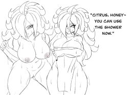 1girls after_shower android_21 breasts darwaarts dragon_ball dragon_ball_super huge_breasts nude one_eye_covered pussy towel vomi_(dragon_ball) wet