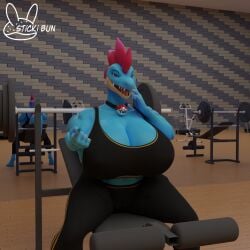 2022 3d 3d_(artwork) anthro barbell big_breasts blue_body blue_eyes bottomwear breasts choker cleavage clothed clothing detailed_background digital_media_(artwork) exercise female feraligatr generation_2_pokemon gym gym_clothing hi_res huge_breasts looking_at_viewer muscular muscular_anthro muscular_female nintendo open_mouth pokémon_(species) pokemon pokemon_(species) scalie shirt solo sticki_bun thick_thighs tight_clothing topwear treadmill video_games weight_bench weightlifting weights workout workout_clothes workout_equipment yuki_(evov1) yukigatr_(evov1)