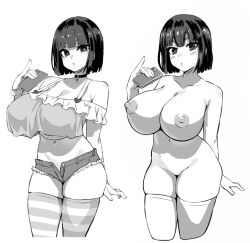 1girls asanagi black_hair large_breasts monochrome nipples nude short_hair skindentation snowbox study