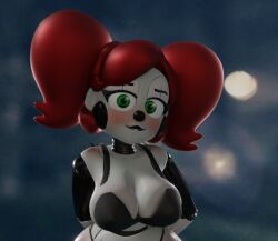 1girls 3d 3d_(artwork) 3d_model animatronic baby_(fnafsl) big_breasts biting_lip biting_own_lip black_lips black_lipstick black_nose blush bra circus_baby circus_baby_(fnaf) clothed_female clown_girl female five_nights_at_freddy's five_nights_at_freddy's:_sister_location fnaf goth goth_girl green_eyes hands_behind_back lipstick red_hair scottgames sister_location so87baby solo solo_female summer_of_87_baby