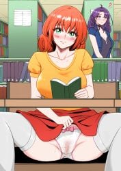 blush bow_panties green_eyes looking_at_viewer mushymushy_desu panties penny_(stardew_valley) public pussy red_hair satansoft1 see-through_clothing see-through_panties sitting skirt skirt_lift spread_legs stardew_valley thighhighs vagina wavy_mouth wet_panties white_panties