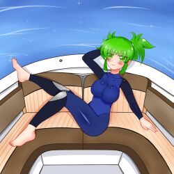 2kaze arm_leggings barefoot boat dawn_(melangalade) feet green_hair leggings leotard one-piece_swimsuit original swimsuit swimwear